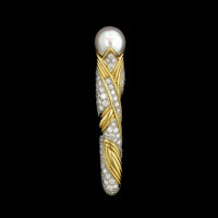 Black Starr & Frost 18K Yellow Gold & Platinum Estate Cultured South Sea Pearl and Diamond Brooch