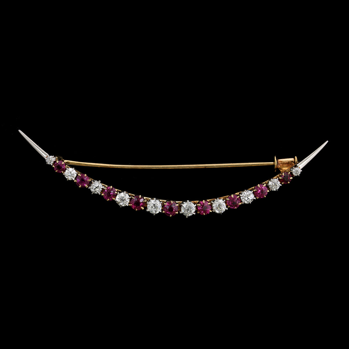Antique Estate Ruby and Diamond Crescent Moon Pin