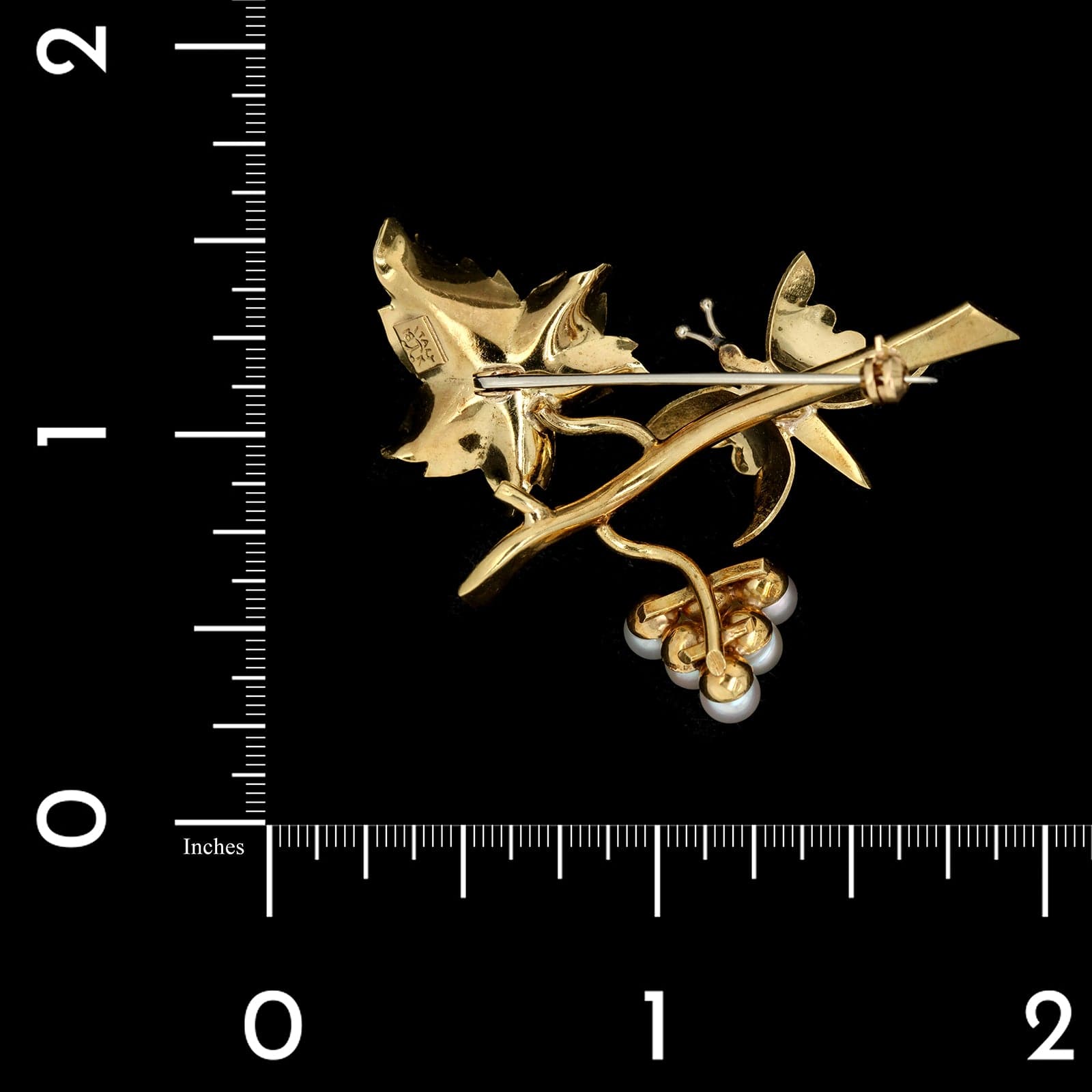 18K Yellow Gold Estate Grapevine Pearl Butterfly Pin