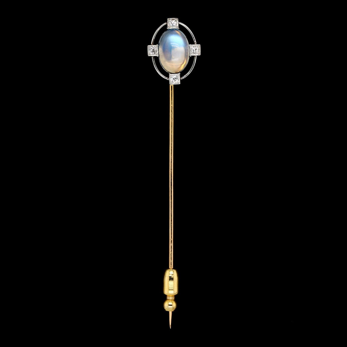 Antique 14K Yellow Gold, Platinum Estate Moonstone and Diamond Stickpin