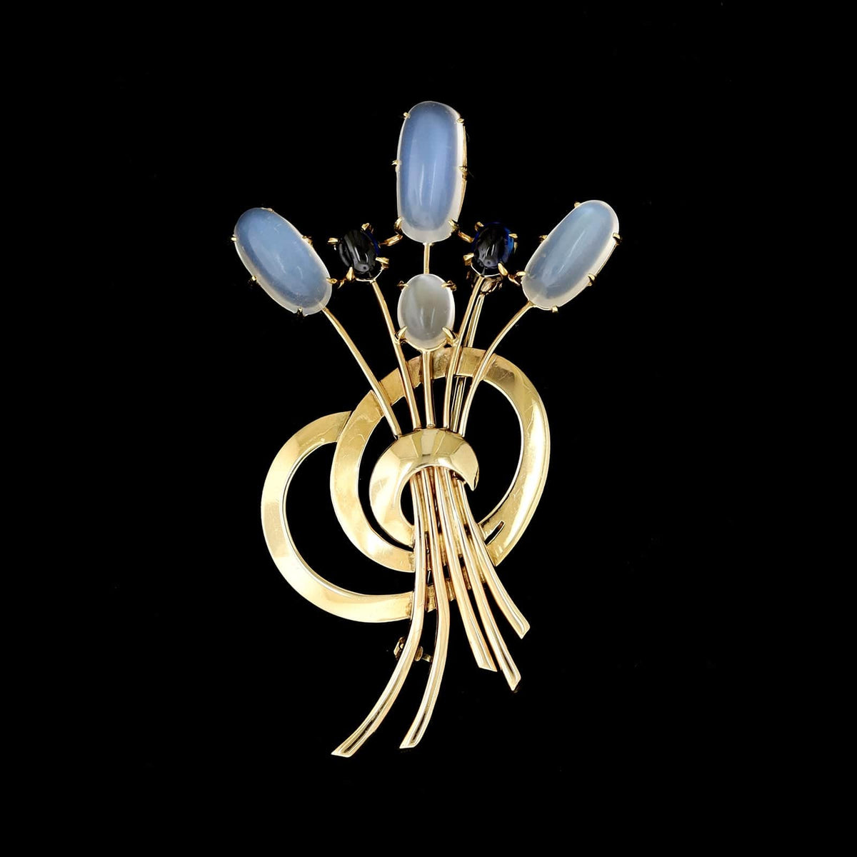 Vintage 14K Yellow Gold Estate Moonstone and Sapphire Pin