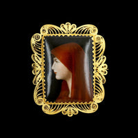 Vintage 18K Yellow Gold Estate Saint Fabiola Porcelain Filigree Brooch