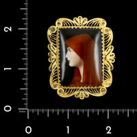 Vintage 18K Yellow Gold Estate Saint Fabiola Porcelain Filigree Brooch