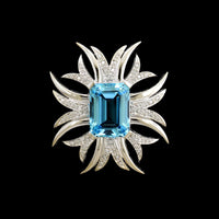 14K White Gold Estate Blue Topaz and Diamond Pin Pendant