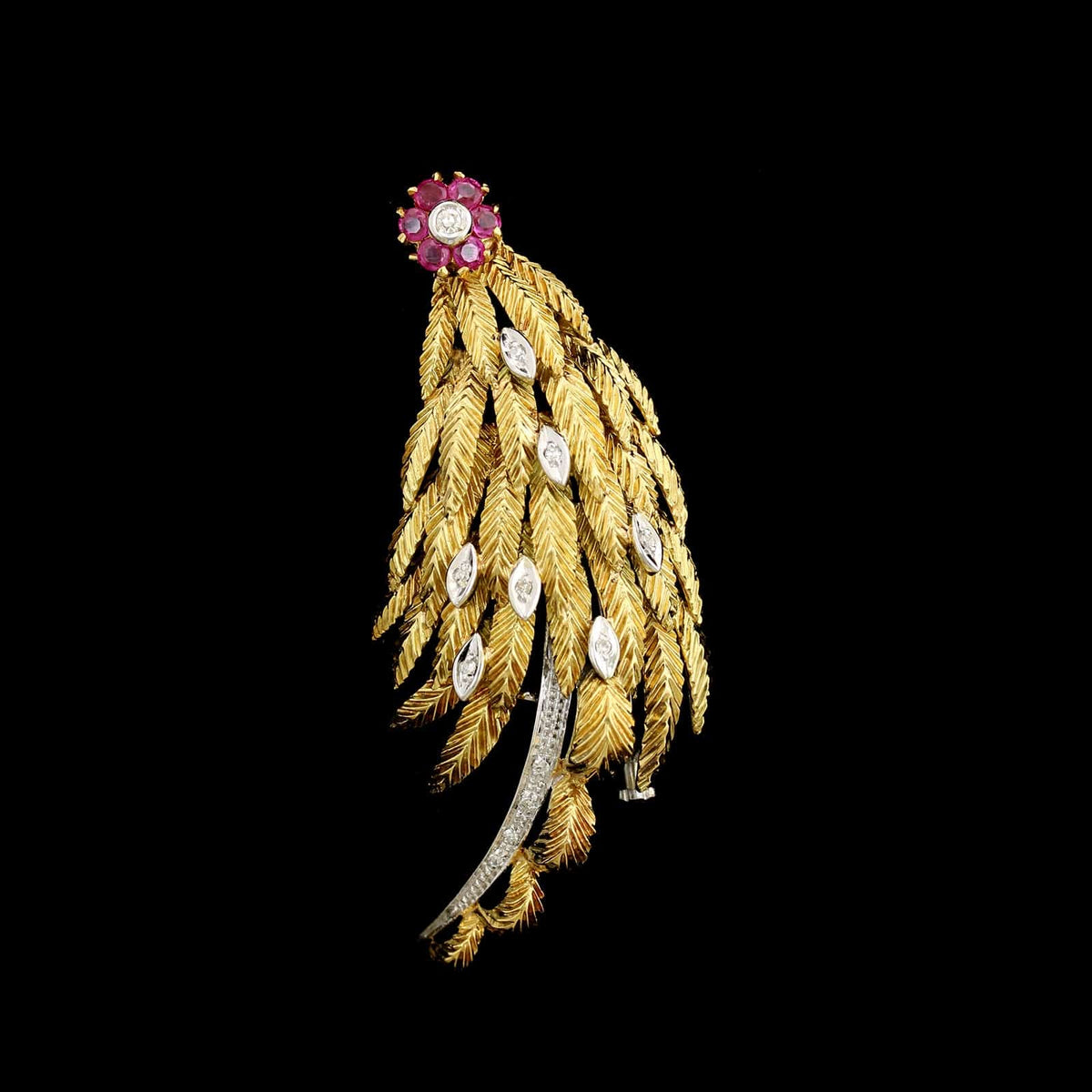 18K Two-tone Gold Estate Ruby and Diamond Pin