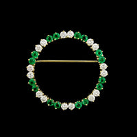 18K Yellow Gold Estate Emerald and Diamond Circle Pin