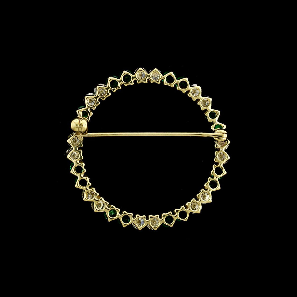 18K Yellow Gold Estate Emerald and Diamond Circle Pin