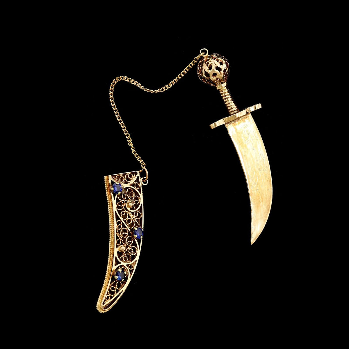 14K Yellow Gold Estate Synthetic Sapphire Sword Pin