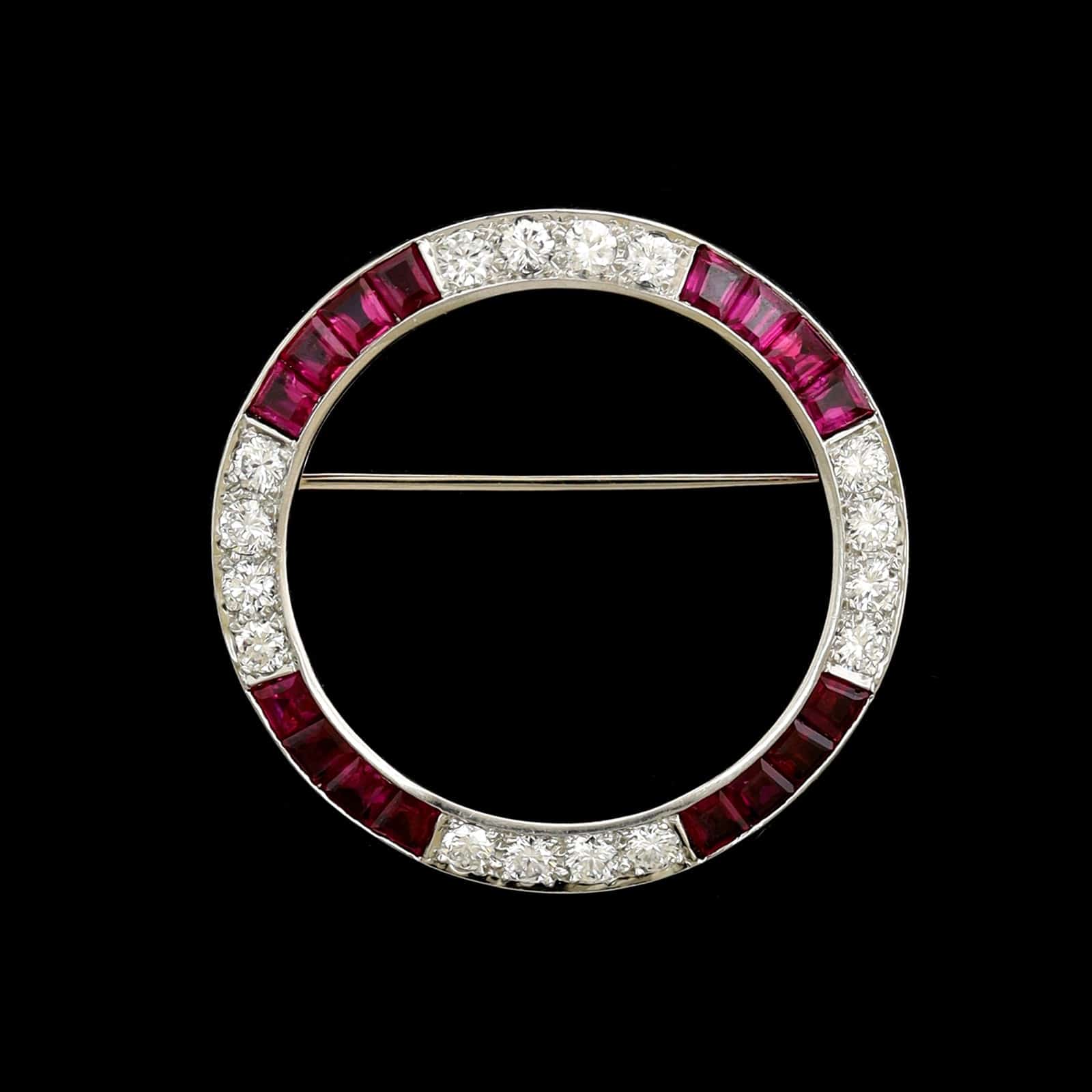 Platinum Estate Ruby and Diamond Circle Pin