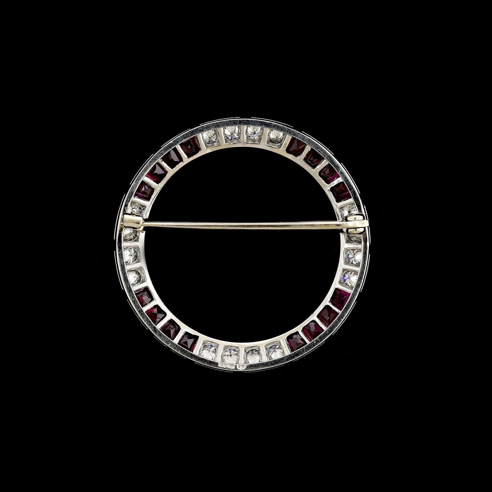 Platinum Estate Ruby and Diamond Circle Pin