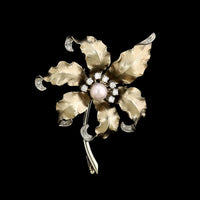 Vintage 14K White Gold Estate Cultured Pearl and Diamond Flower Pin