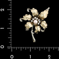 Vintage 14K White Gold Estate Cultured Pearl and Diamond Flower Pin