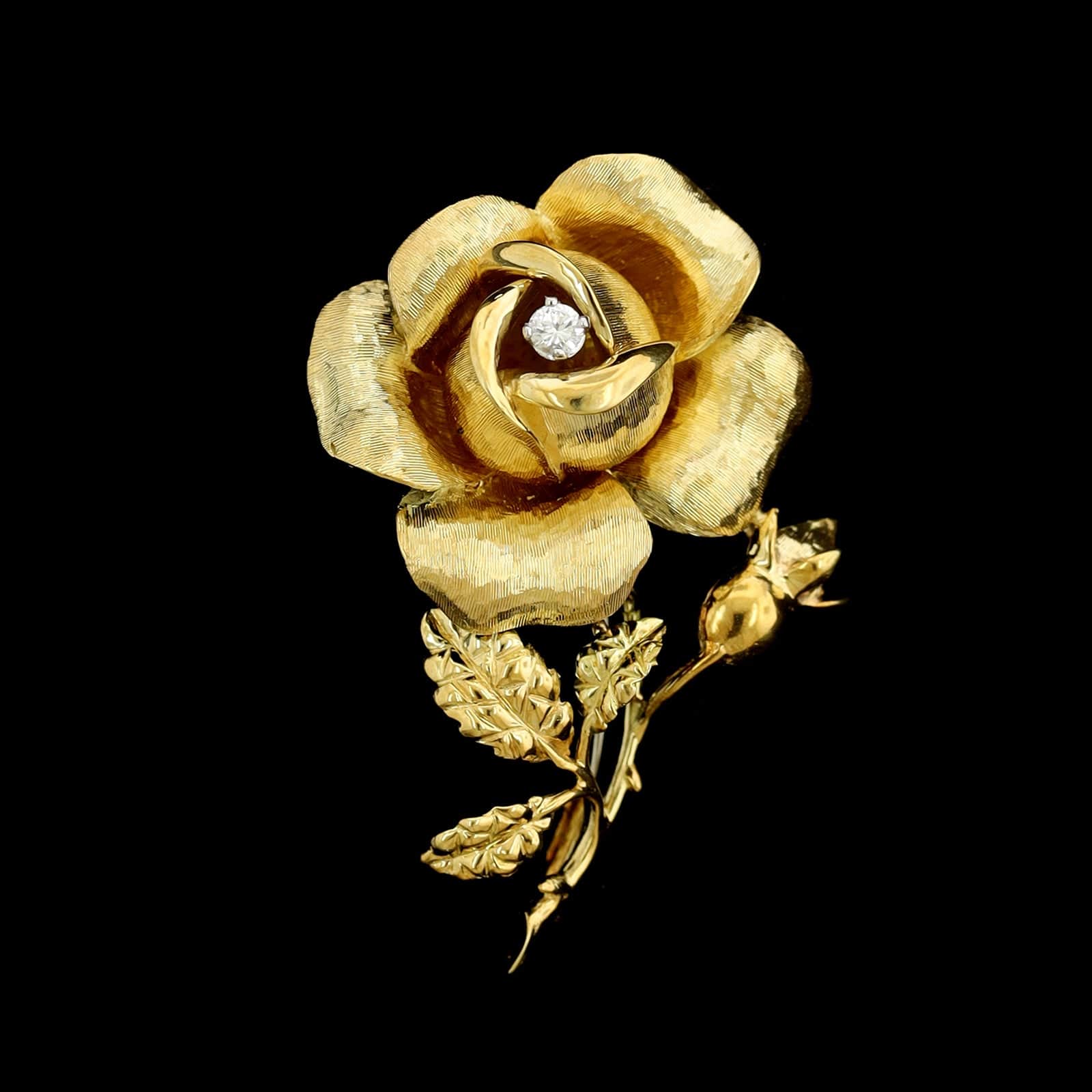 Vintage Cartier 18K Yellow Gold Estate Diamond Rose Pin