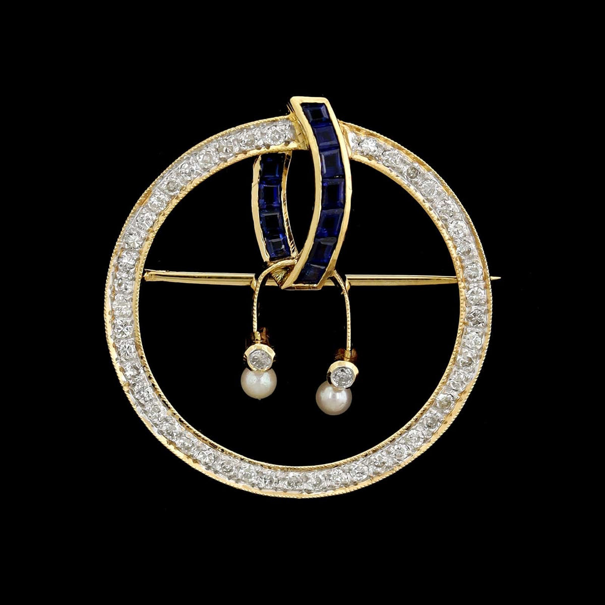 18K Yellow Gold Estate Sapphire and Diamond Pendant Brooch