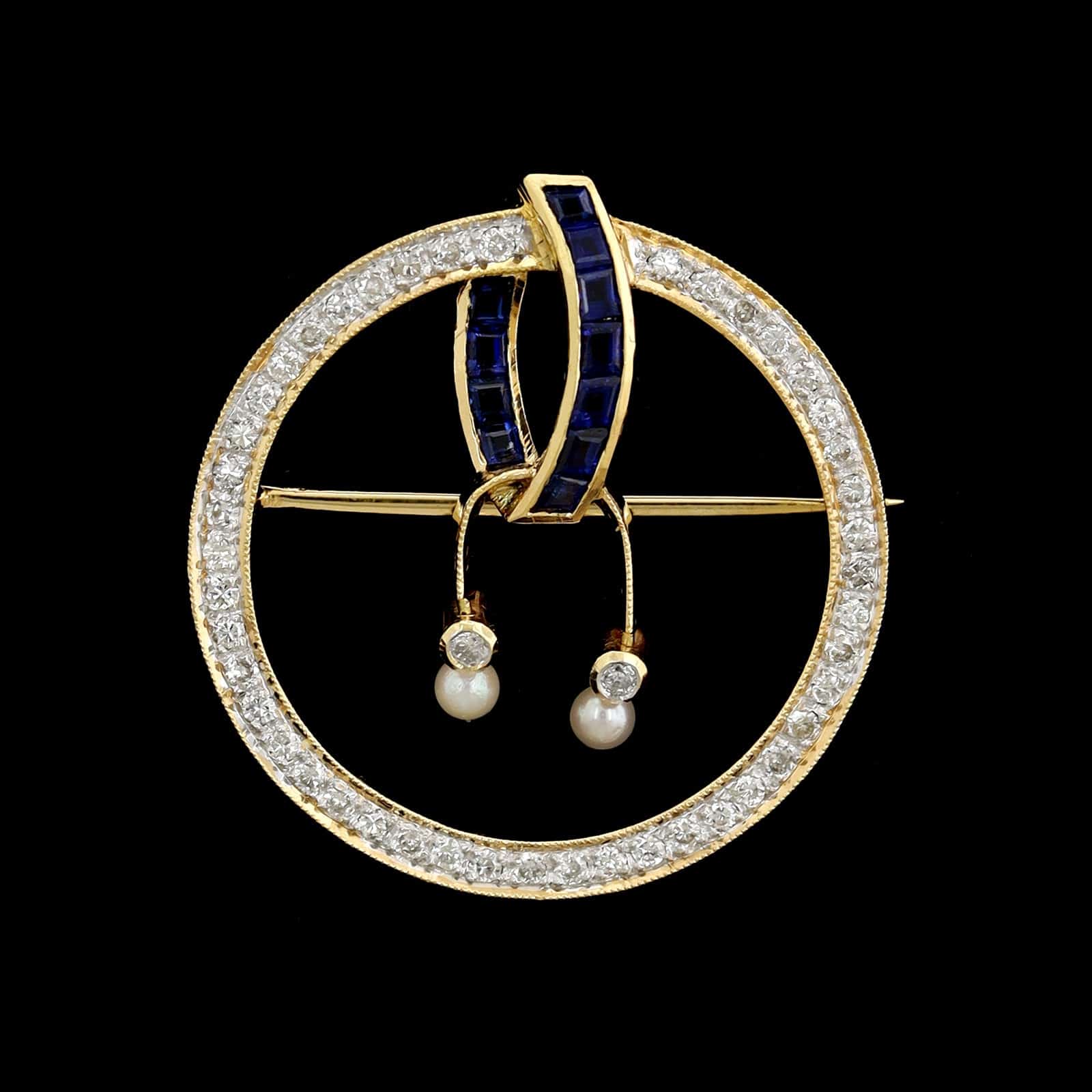 18K Yellow Gold Estate Sapphire and Diamond Pendant Brooch