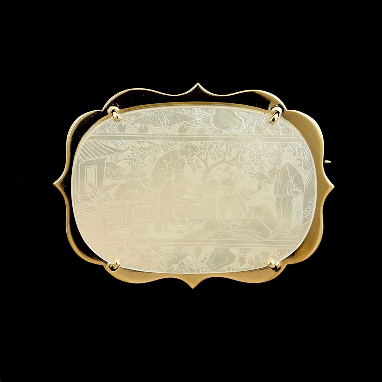 14K Yellow Gold Estate Chinese Carved Mother of Pearl Gaming Chip Pin Pendant