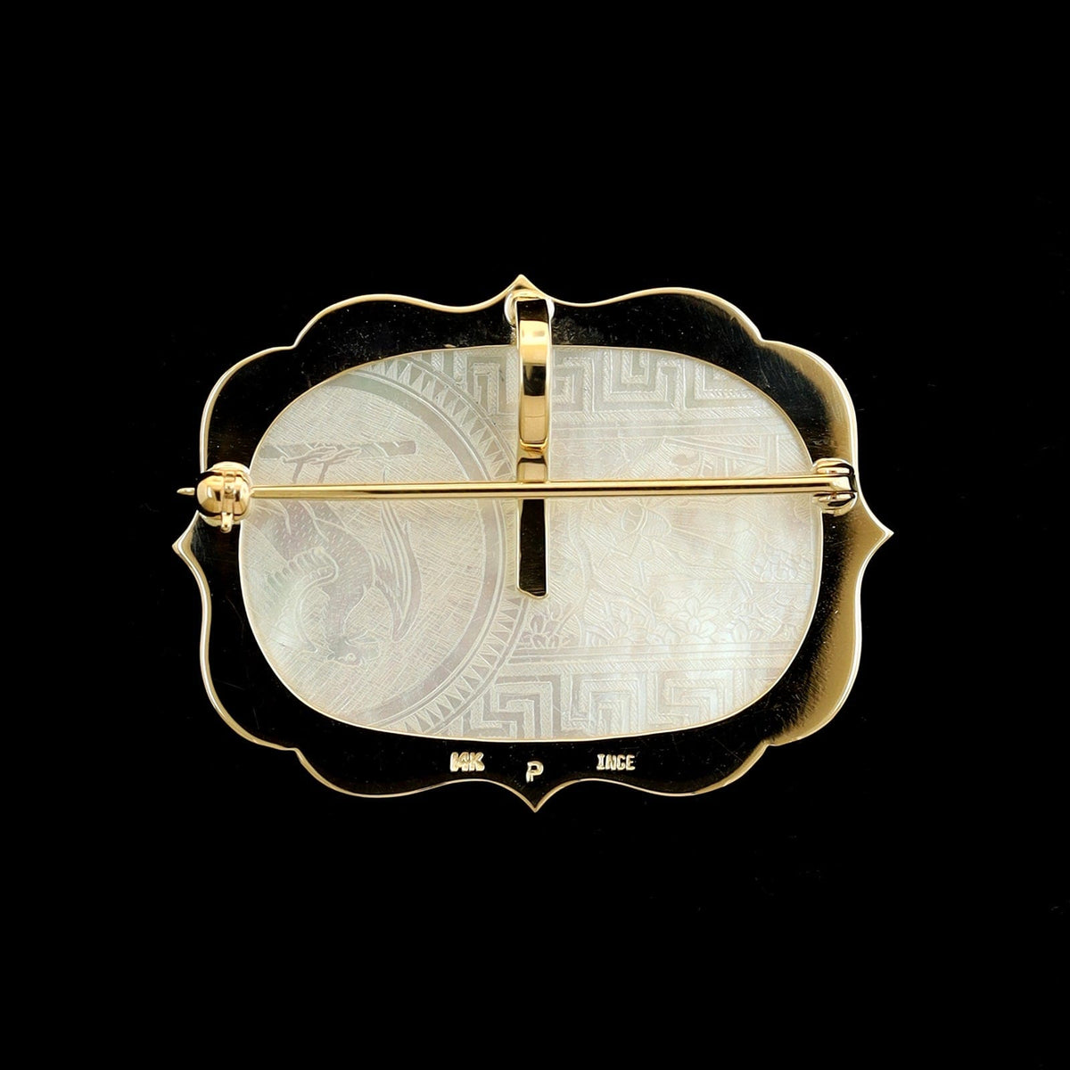 14K Yellow Gold Estate Chinese Carved Mother of Pearl Gaming Chip Pin Pendant