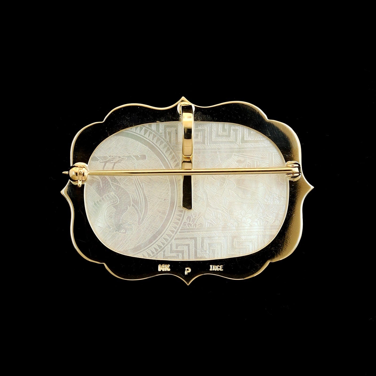 14K Yellow Gold Estate Chinese Carved Mother of Pearl Gaming Chip Pin Pendant