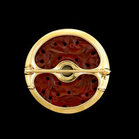 Vintage 14K Yellow Gold Estate Carved Carnelian and Cat's Eye Chrysoberyl Pin
