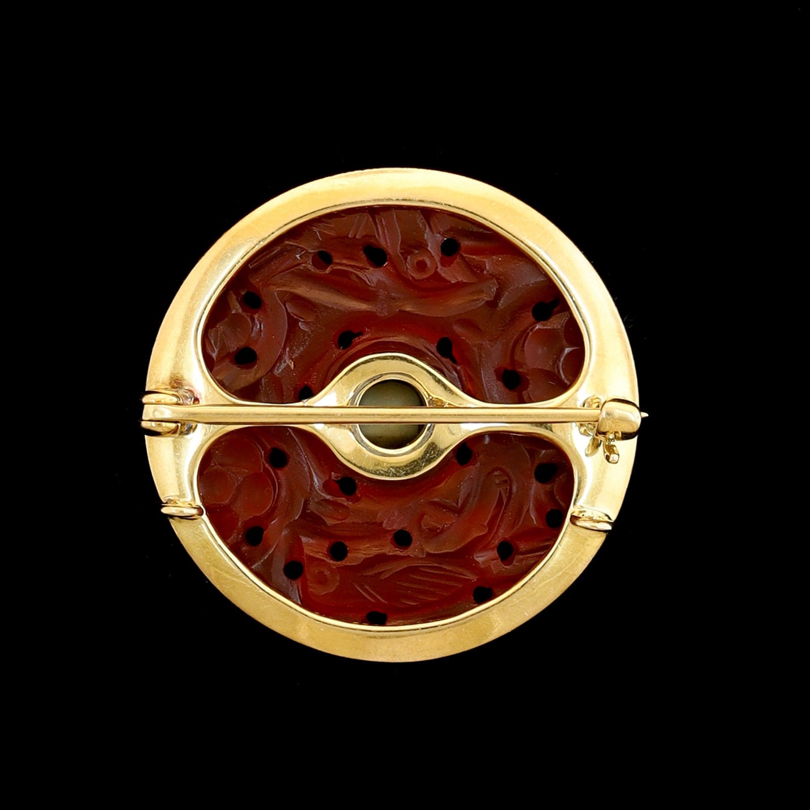 Vintage 14K Yellow Gold Estate Carved Carnelian and Cat's Eye Chrysoberyl Pin