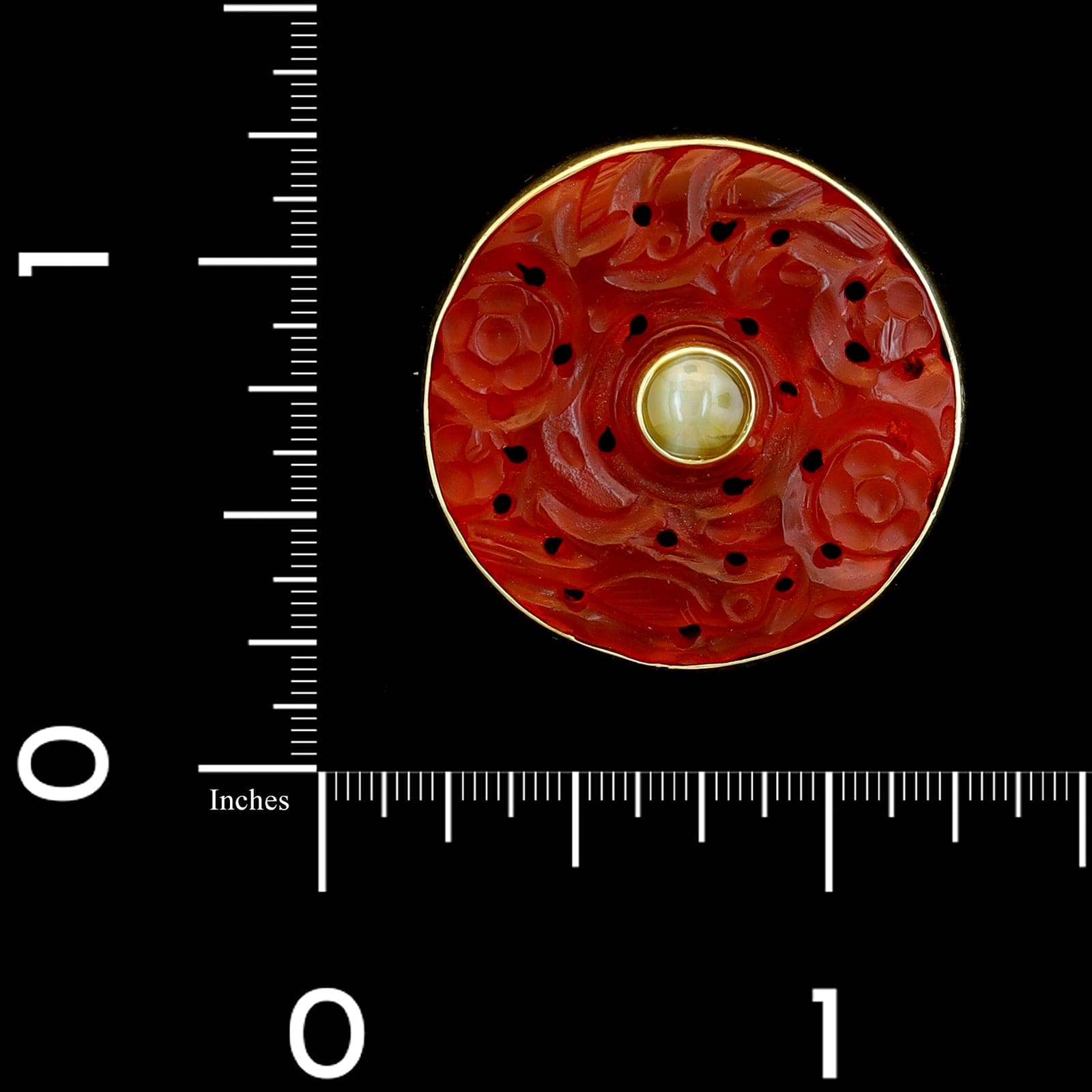 Vintage 14K Yellow Gold Estate Carved Carnelian and Cat's Eye Chrysoberyl Pin