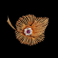 Hammerman Bros. 18K Yellow Gold Estate Ruby and Diamond Leaf Pin