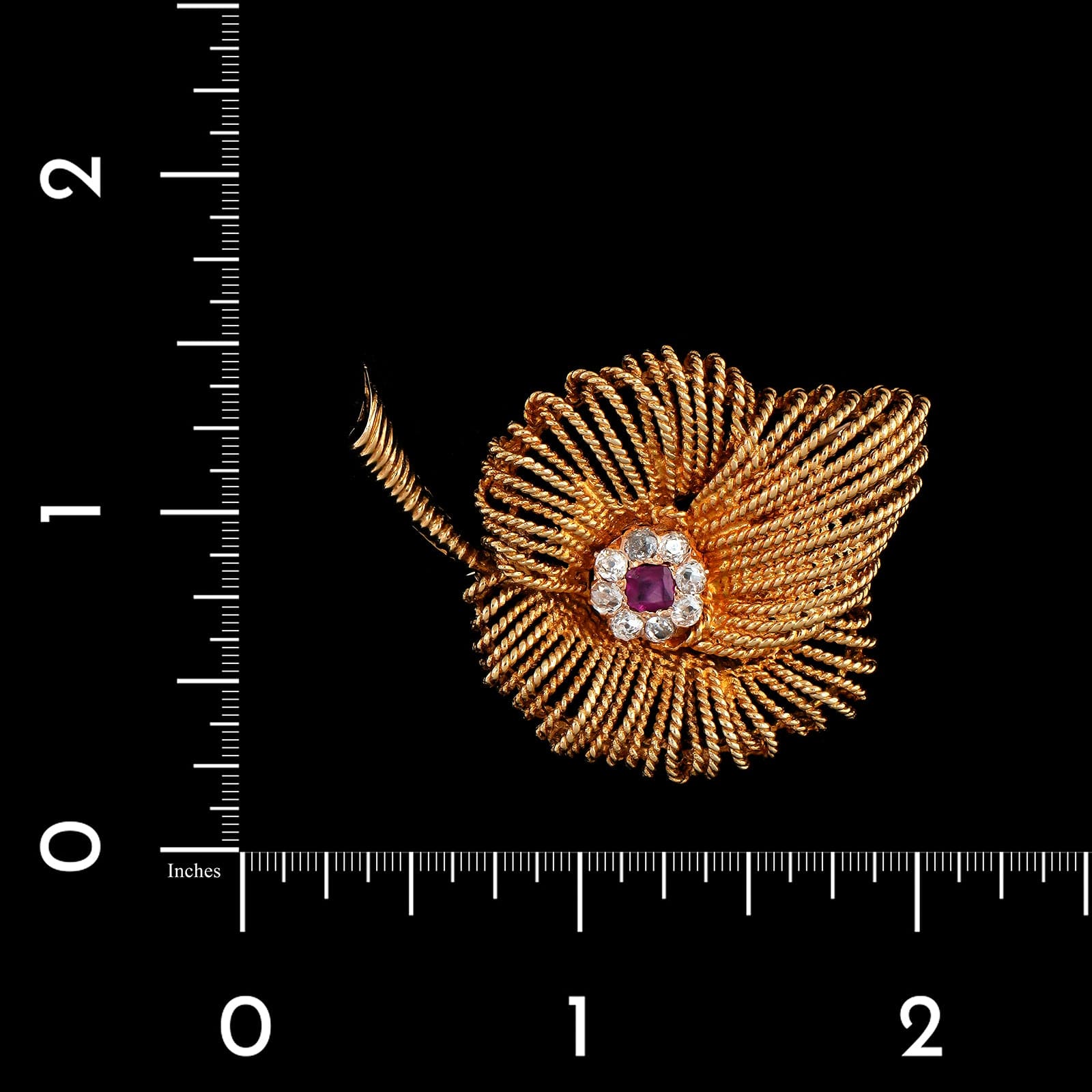 Hammerman Bros. 18K Yellow Gold Estate Ruby and Diamond Leaf Pin