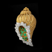 18K Two-tone Gold Estate Emerald and Diamond Shell Brooch