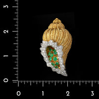 18K Two-tone Gold Estate Emerald and Diamond Shell Brooch