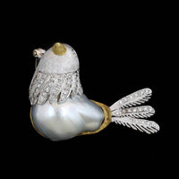18K Two-tone Gold Estate Cultured Baroque Pearl and Diamond Bird Brooch