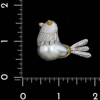 18K Two-tone Gold Estate Cultured Baroque Pearl and Diamond Bird Brooch