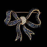 18K Yellow Gold Estate Sapphire and Diamond Bow Pin