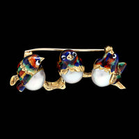 18K Yellow Gold Estate Cultured Baroque Pearl and Enamel Three Little Birds Pin