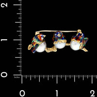 18K Yellow Gold Estate Cultured Baroque Pearl and Enamel Three Little Birds Pin