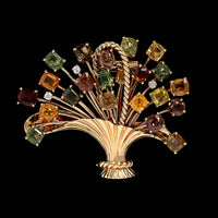 Vintage 14K Yellow Gold Estate Zircon and Diamond Flower Basket Brooch