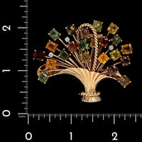 Vintage 14K Yellow Gold Estate Zircon and Diamond Flower Basket Brooch