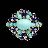 Vintage 14K Yellow Gold Estate Turquoise, Lapis and Diamond Pin