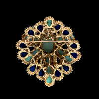 Vintage 14K Yellow Gold Estate Turquoise, Lapis and Diamond Pin