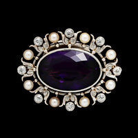 Antique 14K Yellow Gold, Platinum Estate Amethyst and Diamond Pin