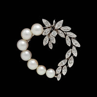 14K White Gold Estate Cultured Pearl and Diamond Heart Pin Pendant