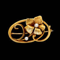 Art Nouveau 14K Yellow Gold Estate Freshwater Pearl Flower Pin
