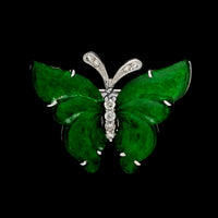 18K White Gold Estate Jadeite and Diamond Butterfly Pin