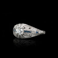 Vintage Style 14K White Gold Estate Diamond and Sapphire Engagement Ring