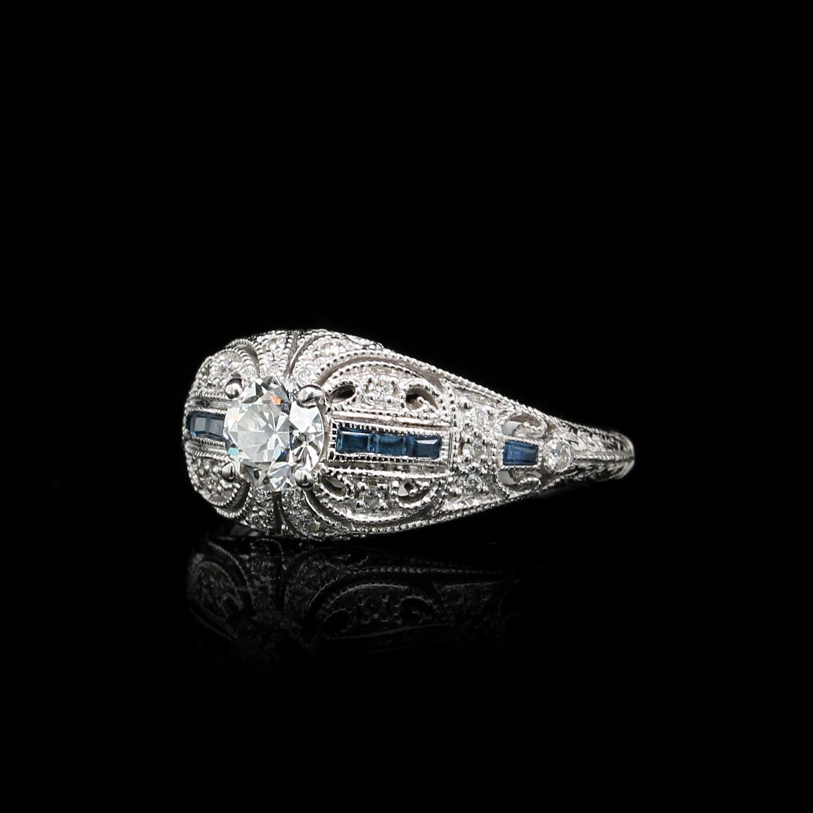 Vintage Style 14K White Gold Estate Diamond and Sapphire Engagement Ring