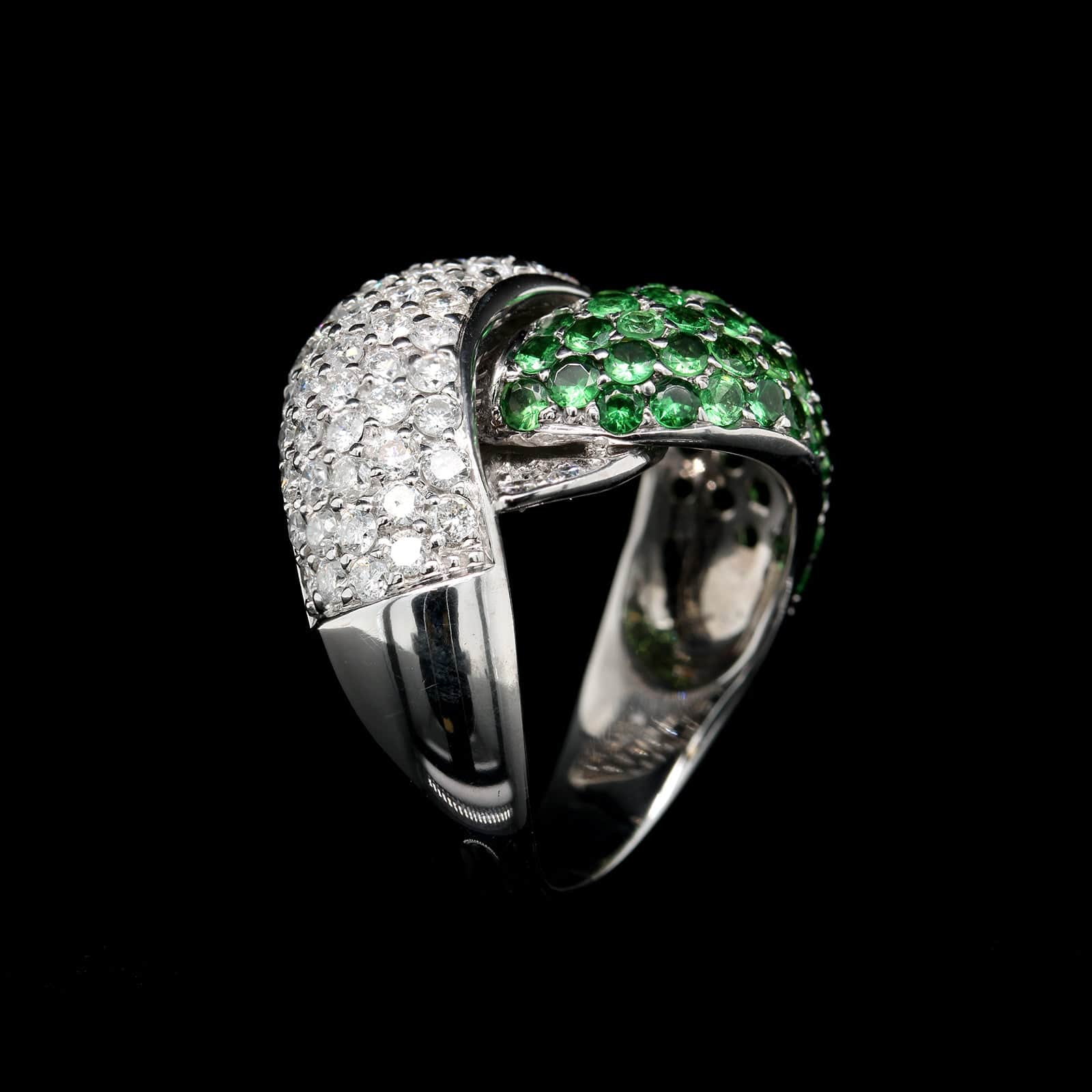 14K White Gold Estate Tsavorite and Diamond Bypass Ring