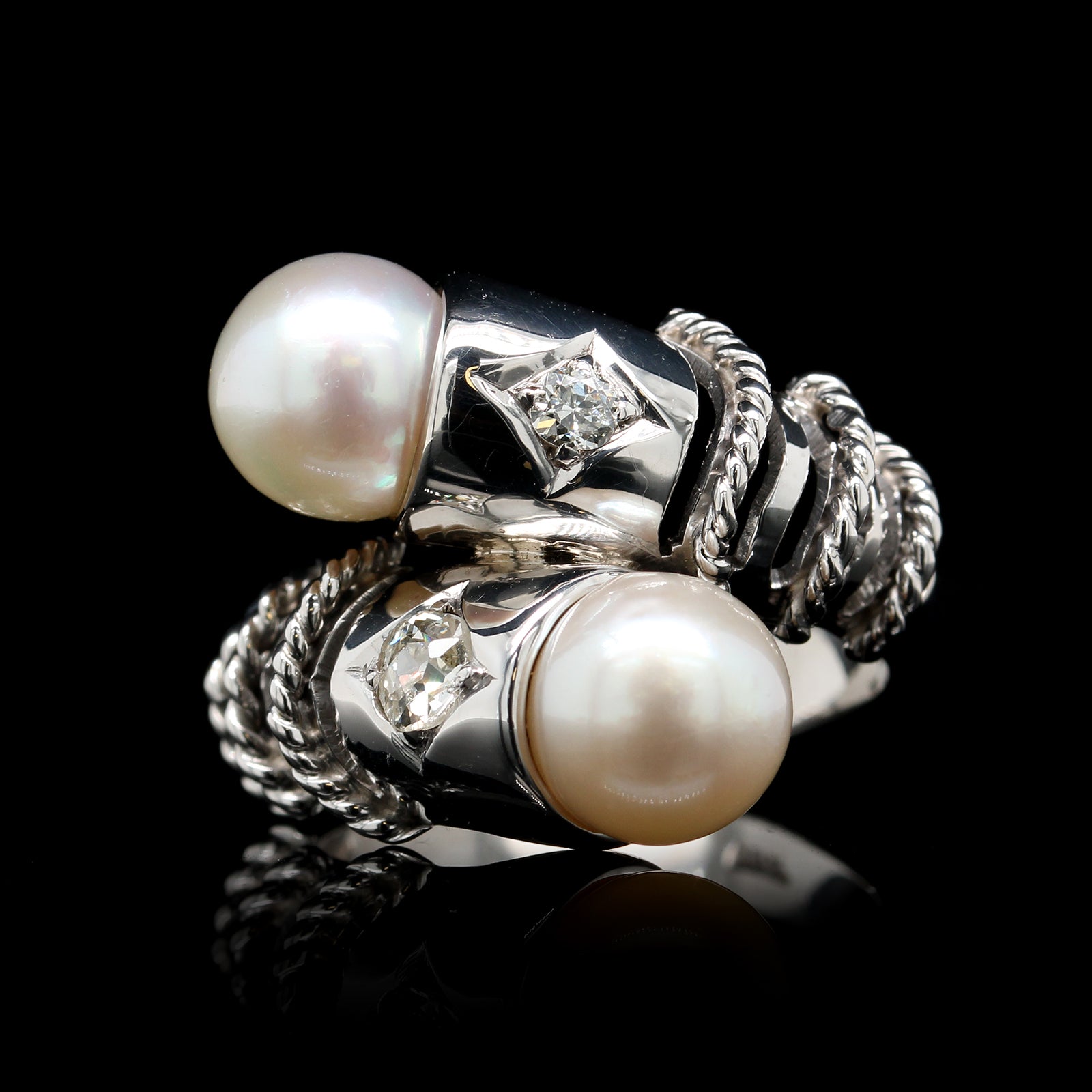 18K White Gold Estate Cultured Pearl and Diamond Bypass Ring