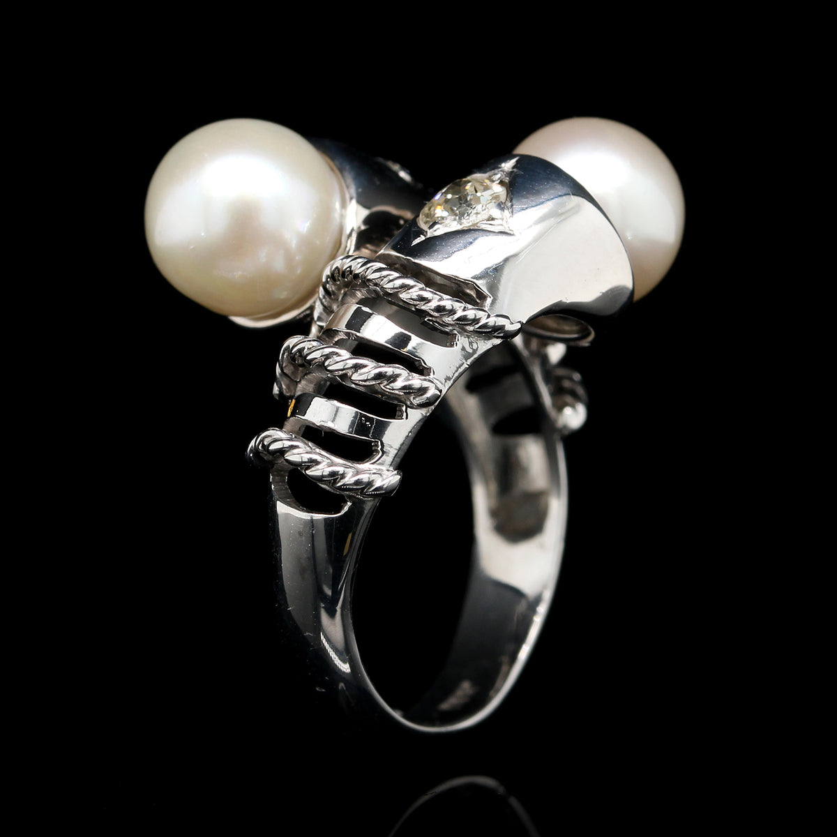18K White Gold Estate Cultured Pearl and Diamond Bypass Ring