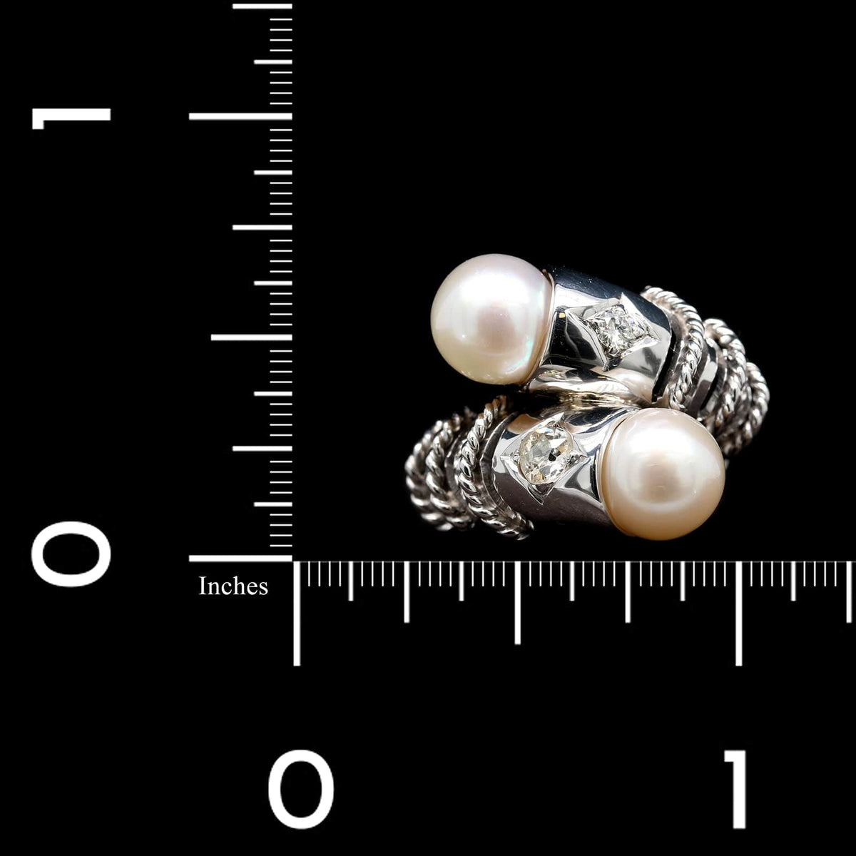 18K White Gold Estate Cultured Pearl and Diamond Bypass Ring