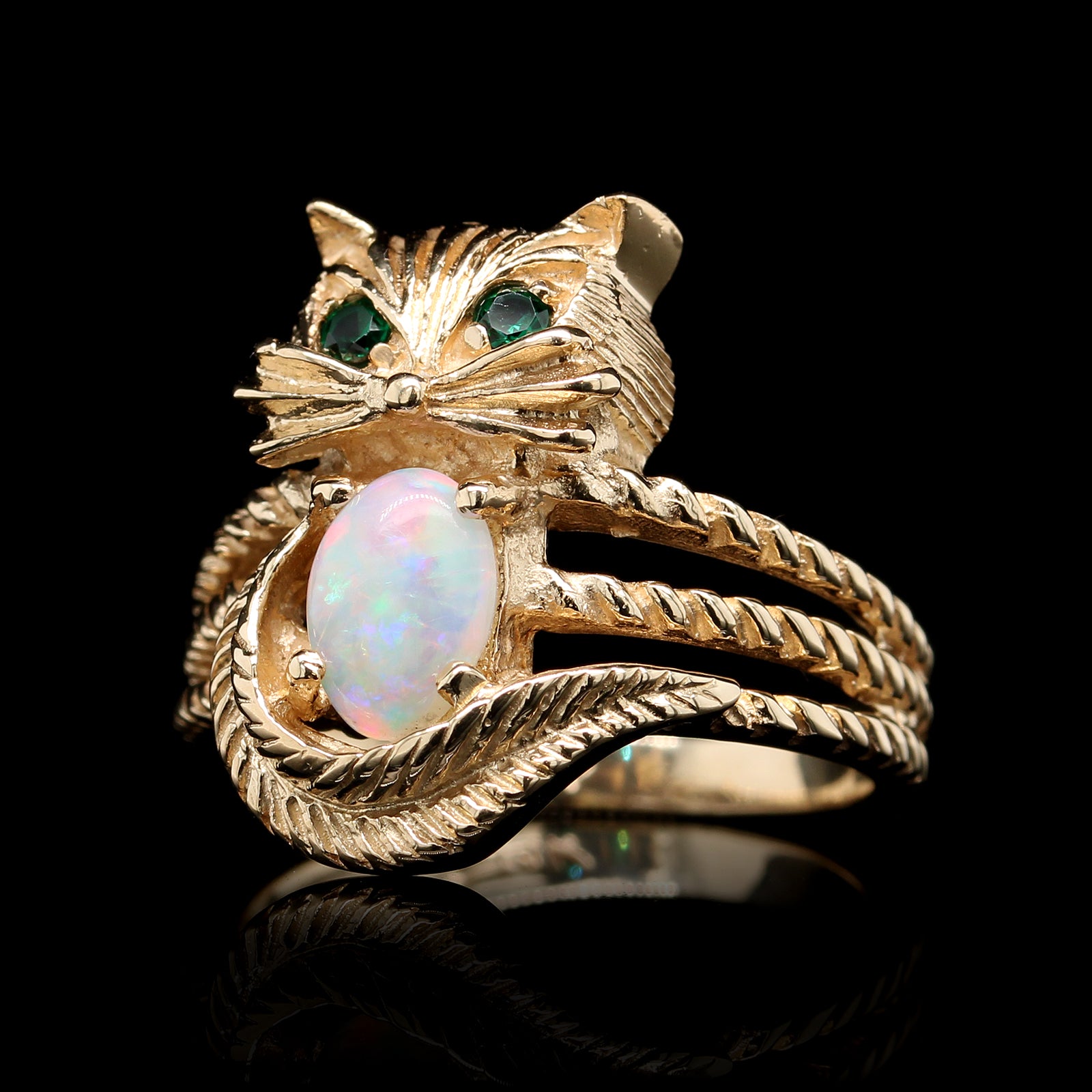 14K Yellow Gold Estate Opal Cat Ring
