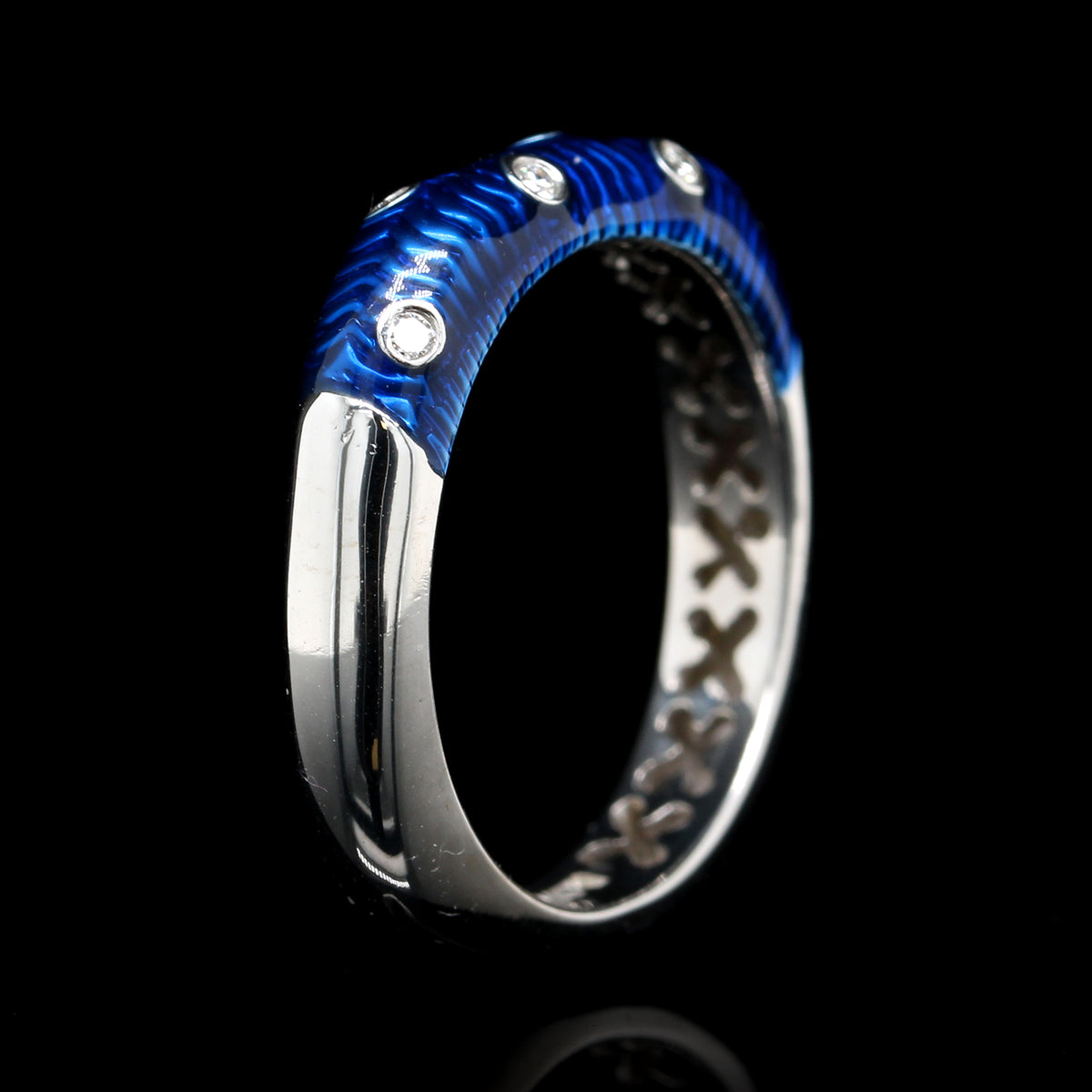 14K White Gold Estate Blue Enamel and Diamond Ring
